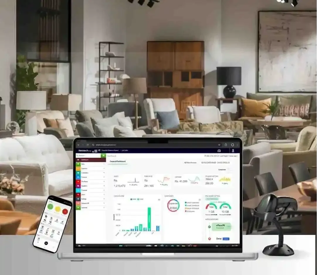 Real-time reporting and analytics dashboard for furniture store POS software performance