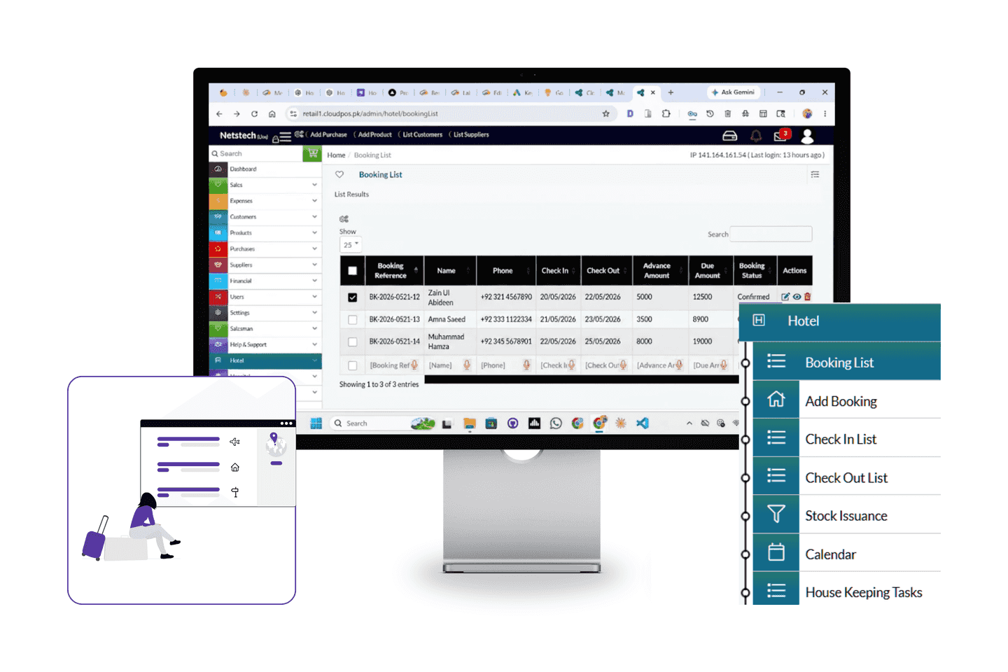 Hotel room reservation system with booking details and availability management.