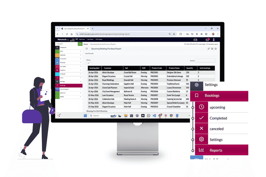Modern POS software interface with business analytics, inventory control, and sales management tools.